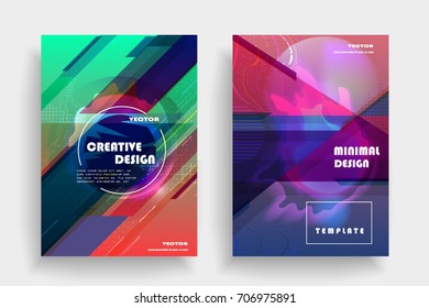 Placards with abstract shapes, geometric style flat and 3d design elements. Futuristic art for covers, banners, flyers and posters. Esp10 vector illustration.