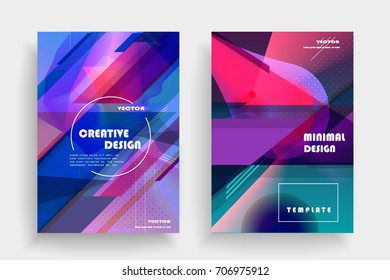 Placards with abstract shapes, geometric style flat and 3d design elements. Futuristic art for covers, banners, flyers and posters. Esp10 vector illustration.