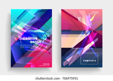 Placards with abstract shapes, geometric style flat and 3d design elements. Futuristic art for covers, banners, flyers and posters. Esp10 vector illustration.