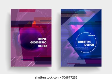 Placards with abstract shapes, geometric style flat and 3d design elements. Futuristic art for covers, banners, flyers and posters. Esp10 vector illustration.