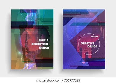 Placards with abstract shapes, geometric style flat and 3d design elements. Futuristic art for covers, banners, flyers and posters. Esp10 vector illustration.