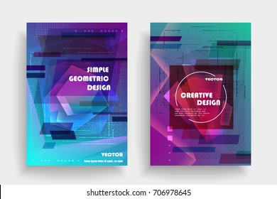 Placards with abstract shapes, geometric style flat and 3d design elements. Futuristic art for covers, banners, flyers and posters. Esp10 vector illustration.