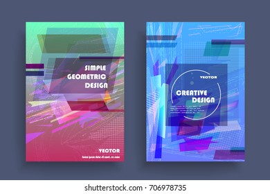 Placards with abstract shapes, geometric style flat and 3d design elements. Futuristic art for covers, banners, flyers and posters. Esp10 vector illustration.