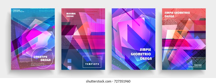 Placards with abstract shapes, geometric style flat and 3d design elements. Futuristic art for covers, banners, flyers and posters. Esp10 vector illustration.