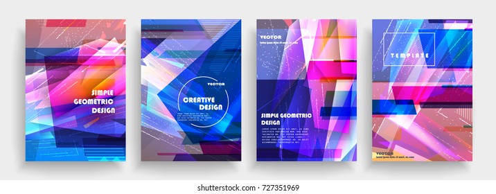 Placards with abstract shapes, geometric style flat and 3d design elements. Futuristic art for covers, banners, flyers and posters. Esp10 vector illustration.