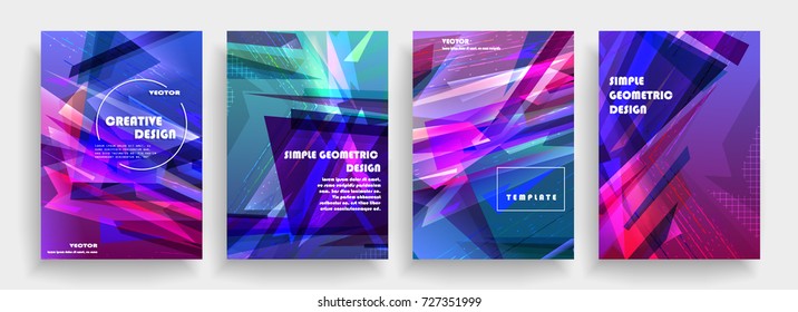 Placards with abstract shapes, geometric style flat and 3d design elements. Futuristic art for covers, banners, flyers and posters. Esp10 vector illustration.