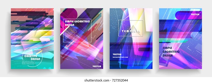 Placards with abstract shapes, geometric style flat and 3d design elements. Futuristic art for covers, banners, flyers and posters. Esp10 vector illustration.