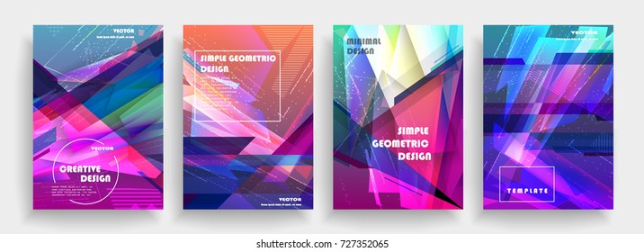 Placards with abstract shapes, geometric style flat and 3d design elements. Futuristic art for covers, banners, flyers and posters. Esp10 vector illustration.