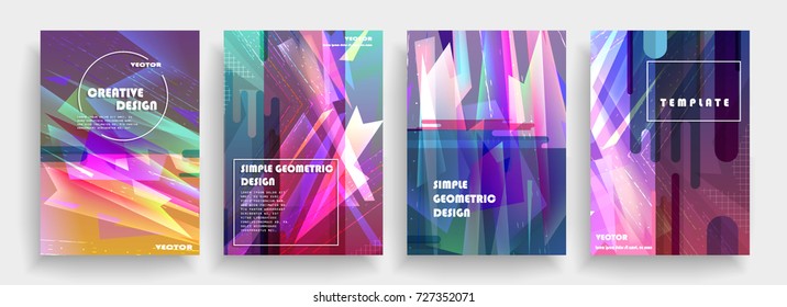 Placards with abstract shapes, geometric style flat and 3d design elements. Futuristic art for covers, banners, flyers and posters. Esp10 vector illustration.