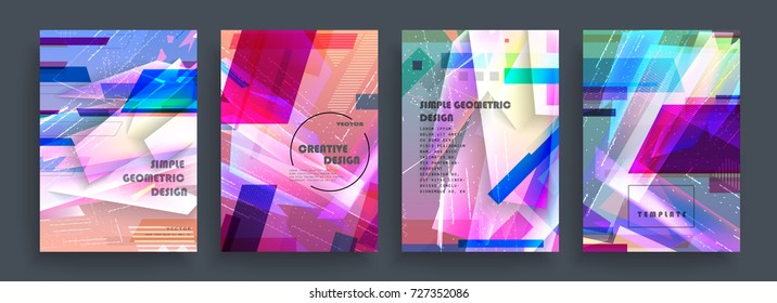 Placards with abstract shapes, geometric style flat and 3d design elements. Futuristic art for covers, banners, flyers and posters. Esp10 vector illustration.