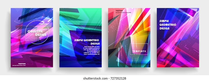 Placards with abstract shapes, geometric style flat and 3d design elements. Futuristic art for covers, banners, flyers and posters. Esp10 vector illustration.