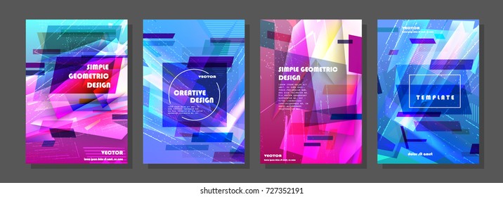 Placards with abstract shapes, geometric style flat and 3d design elements. Futuristic art for covers, banners, flyers and posters. Esp10 vector illustration.