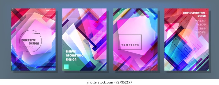 Placards with abstract shapes, geometric style flat and 3d design elements. Futuristic art for covers, banners, flyers and posters. Esp10 vector illustration.