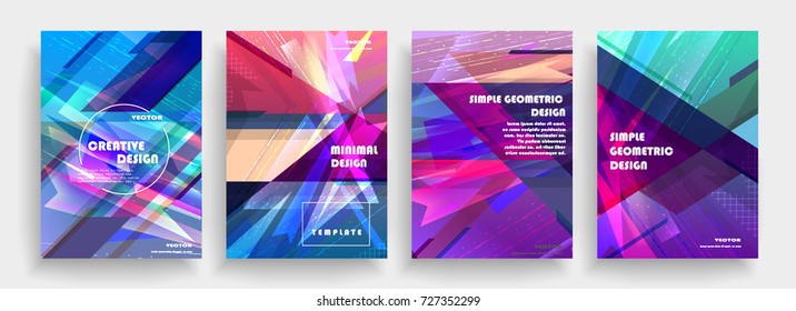 Placards with abstract shapes, geometric style flat and 3d design elements. Futuristic art for covers, banners, flyers and posters. Esp10 vector illustration.