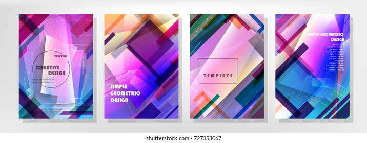 Placards with abstract shapes, geometric style flat and 3d design elements. Futuristic art for covers, banners, flyers and posters. Esp10 vector illustration.