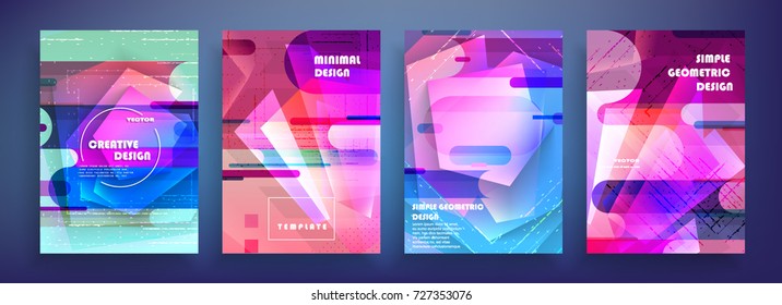 Placards with abstract shapes, geometric style flat and 3d design elements. Futuristic art for covers, banners, flyers and posters. Esp10 vector illustration.