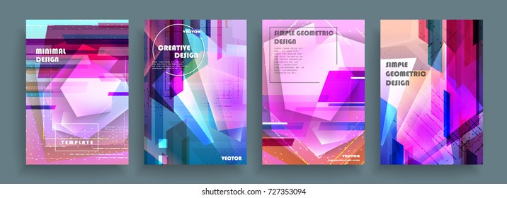 Placards with abstract shapes, geometric style flat and 3d design elements. Futuristic art for covers, banners, flyers and posters. Esp10 vector illustration.