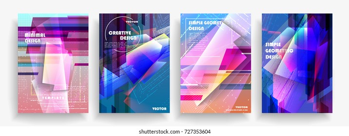 Placards with abstract shapes, geometric style flat and 3d design elements. Futuristic art for covers, banners, flyers and posters. Esp10 vector illustration.