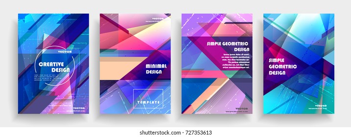 Placards with abstract shapes, geometric style flat and 3d design elements. Futuristic art for covers, banners, flyers and posters. Esp10 vector illustration.