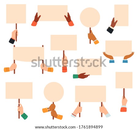 Placards in hands. Protest or manifestation banners, hands holding vote placards, peace protest empty sign posters vector illustration set. Manifestation protest, demonstration placard and banner