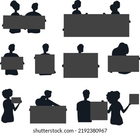 Placards men women holding blank banners protesting persons activists Vector Silhouettes