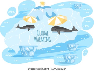 Plakate und Plakate Design der Erderwärmung und des Klimawandels. Wale, die auf Eisschollen liegen, in der Nähe von Buchstaben der globalen Erwärmung. Wale unter Regenschirmen leiden an Hitze und schmelzenden Gletschern