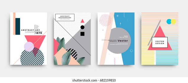 Placards set with abstract shapes with palm leaves, 80s memphis geometric style flat and 3d design elements. Retro art for covers, banners, flyers and posters. Eps10 vector illustrations.