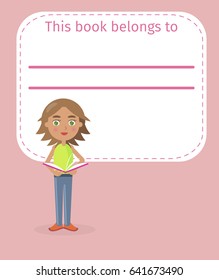 Place for book signing with cute little girl in green T-shirt who stands and holds open book vector illustration on peach background.