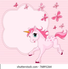 Place card of running beautiful baby unicorn