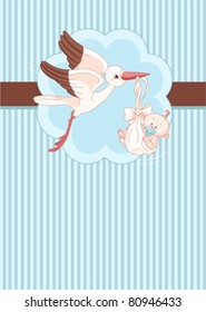 A place card of a stork delivering a newborn baby boy