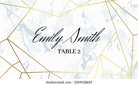 Place card template geometric design. White marble background and gold geometric pattern. Dimensions 3,5x2 Inches. Seamless pattern included. Eps10.