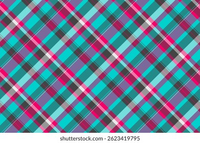 Coloque la textura del cheque textil, patrón de tela a cuadros de Vector. Fondo de tela sin costuras de tartán rayado en paleta de colores verde azulado y rosa.