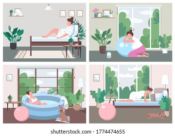 Place for childbirth at home flat color vector illustration set. Training for alternative birth. Prenatal exercise. Pregnant female 2D cartoon characters with interior on background collection