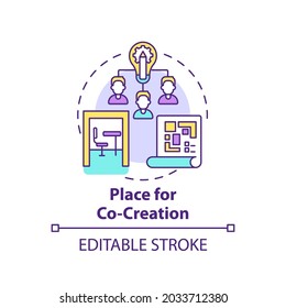 Place for co-creation concept icon. Workspace trend idea thin line illustration. Collaborative workplace design. Teamwork improvement. Vector isolated outline RGB color drawing. Editable stroke