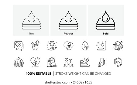 Place, Consumption growth and Local grown line icons. Pack of Silicon mineral, Euler diagram, Time management icon. Group, Waterproof, Charging station pictogram. Uv protection. Line icons. Vector