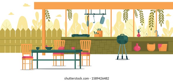 Place for Cooking in Backyard, Cartoon Banner. Outdoor Counter to Prepare Food for Festivities. Nearby is Dining Table and Barbecue Cooker for Cooking Meat. On Bottom Shelf Basket Towels.