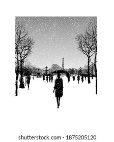 Place de la concorde and eiffel tower under snow, Paris, France - vector illustration