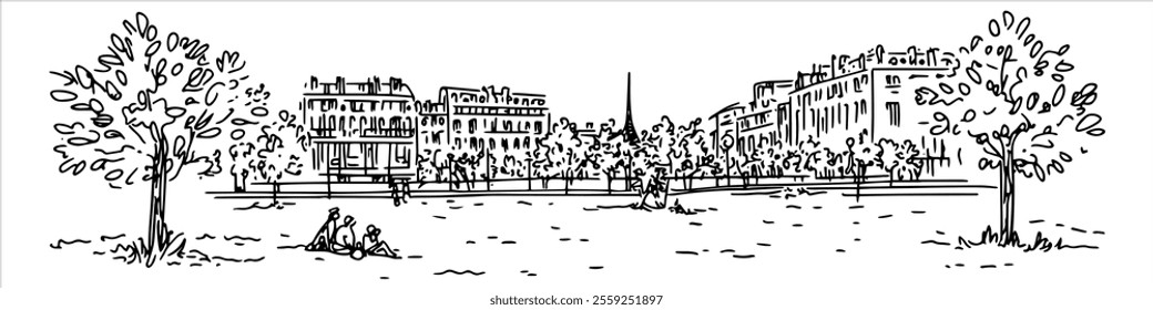 Place de la République in Paris full of street hand drawing doodle hatching vector sketch