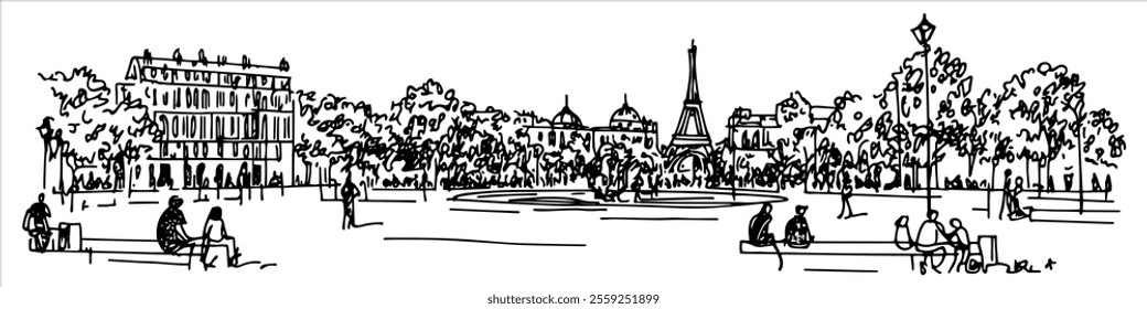 Place de la République in Paris full of street hand drawing doodle hatching vector sketch