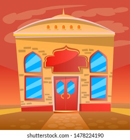Place to eat vector, indian restaurant exterior flat style Asian diner. Food and dishes from asia, oriental style of construction, urban style business. Scene from application game. Flat cartoon