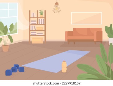 Lugar para hacer ejercicio en la ilustración vectorial de color plano. Gimnasio deportivo con dumbombantes y botella de agua. Estilo de vida activo. Completamente editable interior de dibujos animados 2D simple con sala de estar en segundo plano