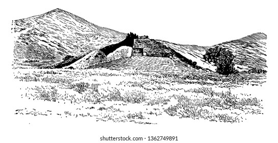 The place of the fallen Greeks at marathon, vintage line drawing or engraving illustration.