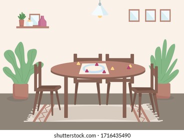 Place for family leisure flat color vector illustration. Table for board games for daytime entertainment. Tabletop setting for playing. Livingroom 2D cartoon interior with decor on background