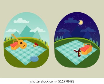 Place For A Family And Romantic Picnic In The Park, Spread Out A Blanket, A Basket Of Food, Summer Vacation, Picnic In Mountains, Day And Night With Star And Moon