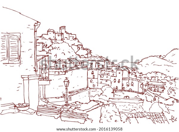 Место съемок фильма Крестный отец на Сицилии, пейзаж чернильной ручкой с видом на Кастелло Норманно, Форца д'Агро, Италия. Векторный рисунок Андрея Бондаренко #iThyx