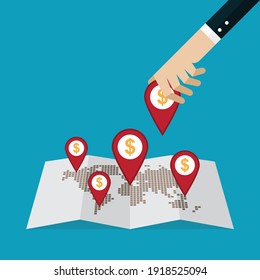 Colocar puntos financieros en el mapa, Ilustración vectorial en estilo plano