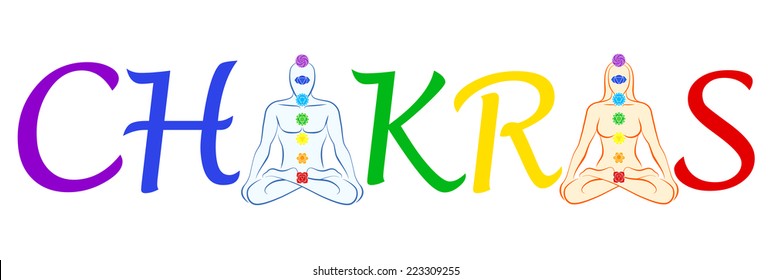 In place of the first and the second A in the word CHAKRA there is a meditating man and woman in yoga position with their seven main chakras. Isolated vector illustration on white background.