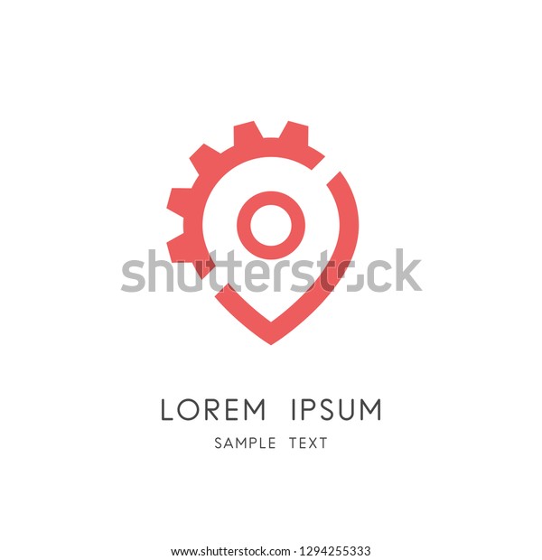 Place and gear wheel logo - address pointer and\
pinion symbol. Position and location, car service and repair shop\
vector icon.