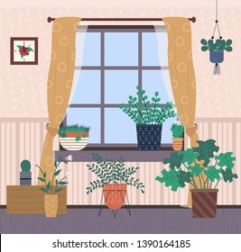 Place with houseplants vector, plants growing in pots, leaves and foliage of different type of floral. Curtains on window, picture in frame hanging on wall