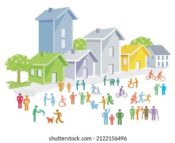 Place with houses and pedestrians on the sidewalk - illustration
